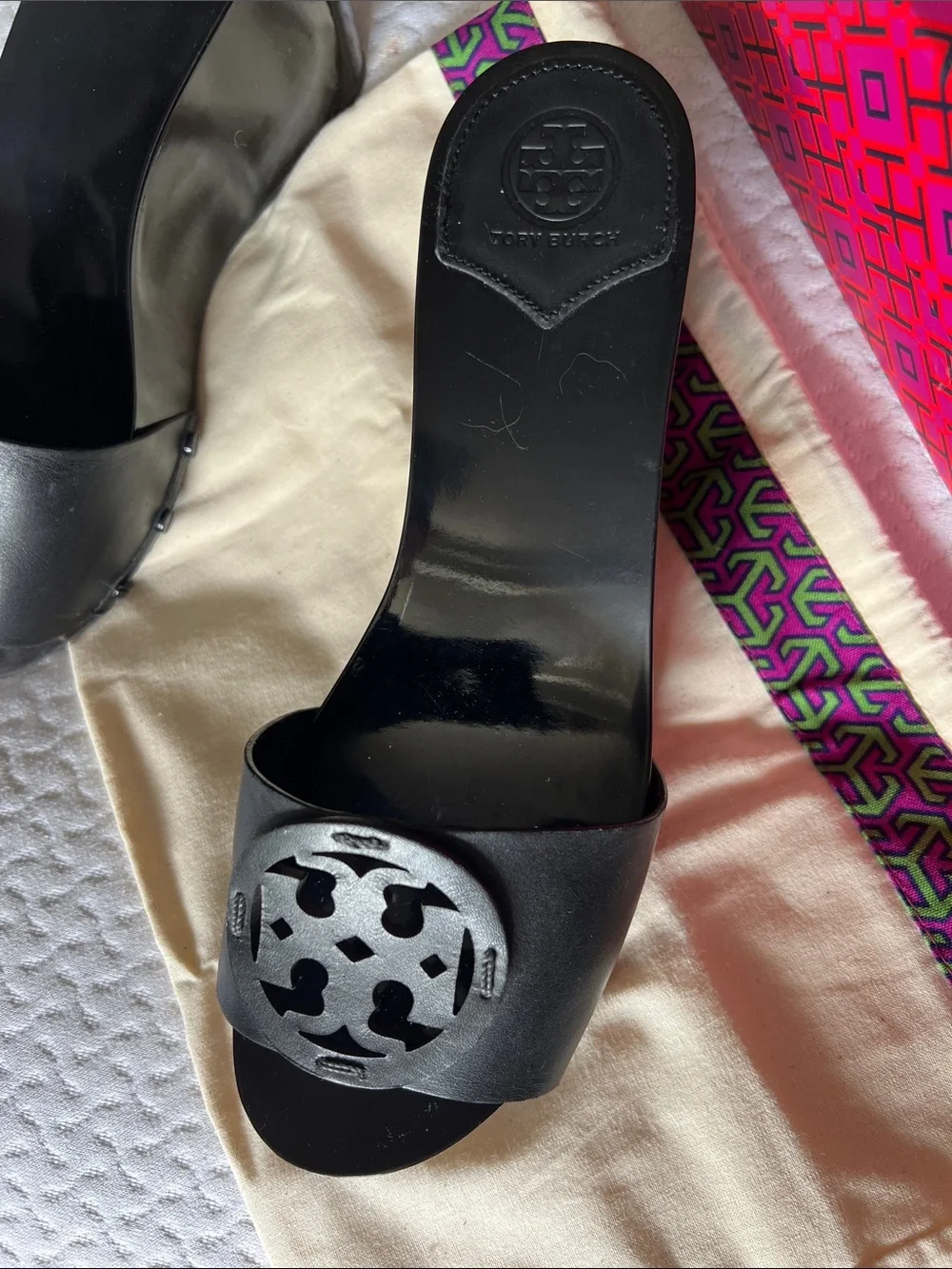 Tory Burch Black Leather Logo Slide Mules